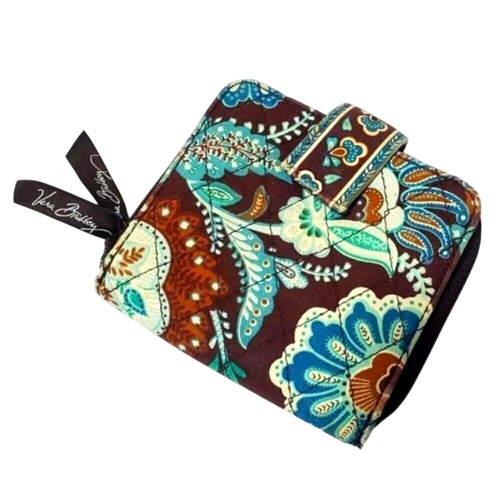 Vera Bradley Wallet Compact Zip Around Floral Quilted‎ Brown Blue